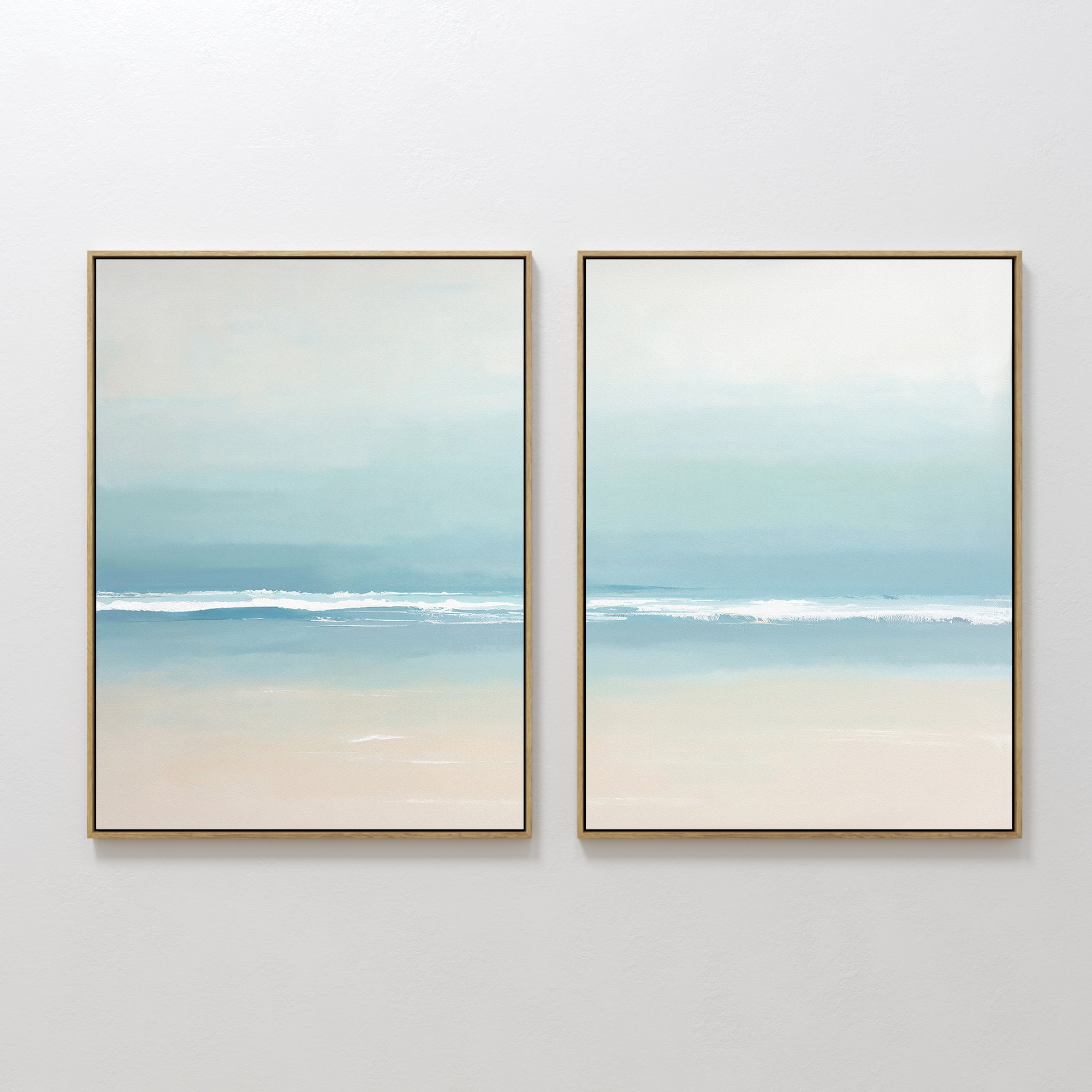 Original hand painted teal aqua beige coastal seascape oil painting diptych canvas wall art, nordic scandinavian elegant luxury modern living room hom