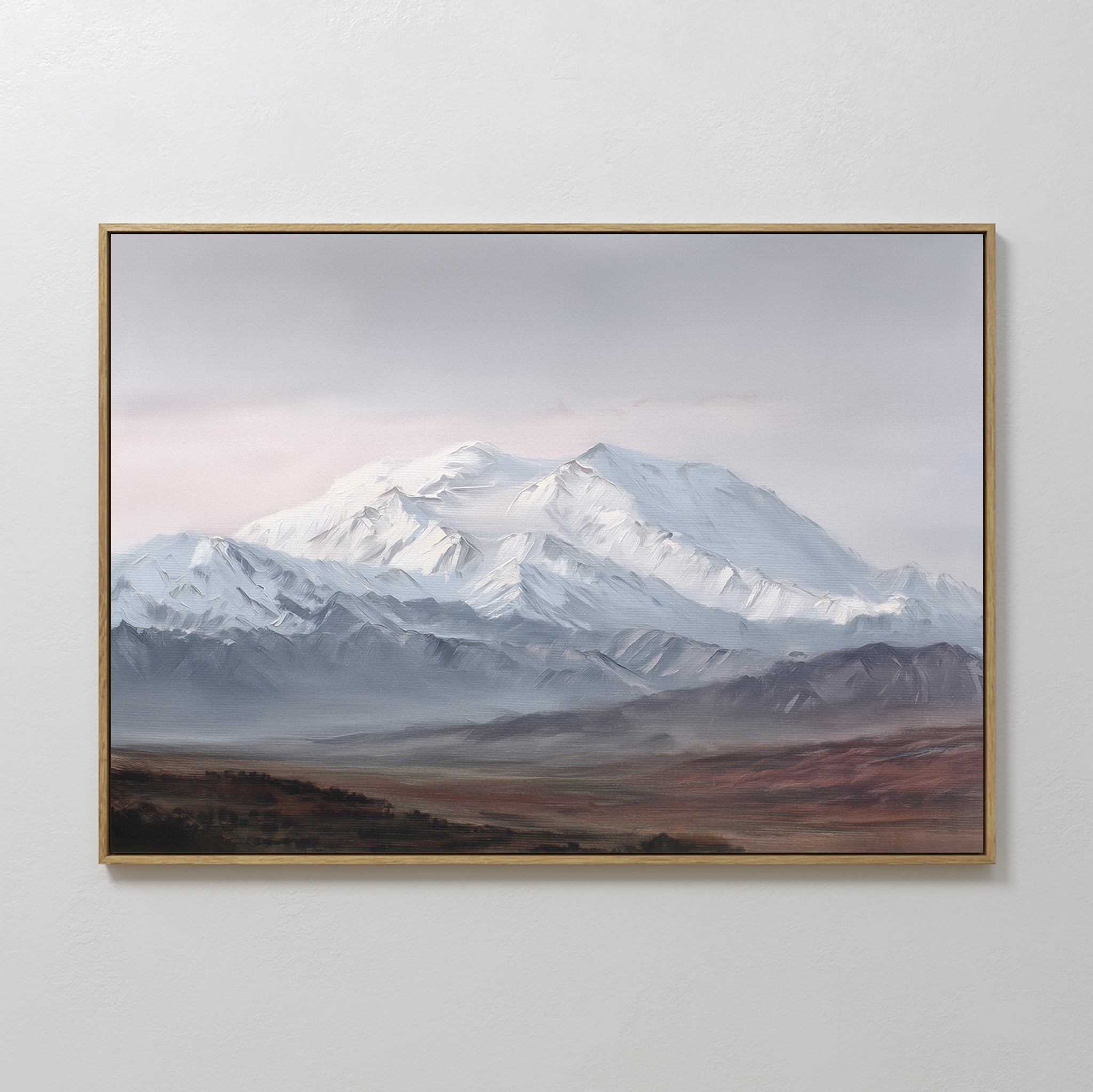 Original hand painted snow mountain oil painting canvas wall art, muted blue white violet misty valley nordic scandinavian elegant luxury modern home