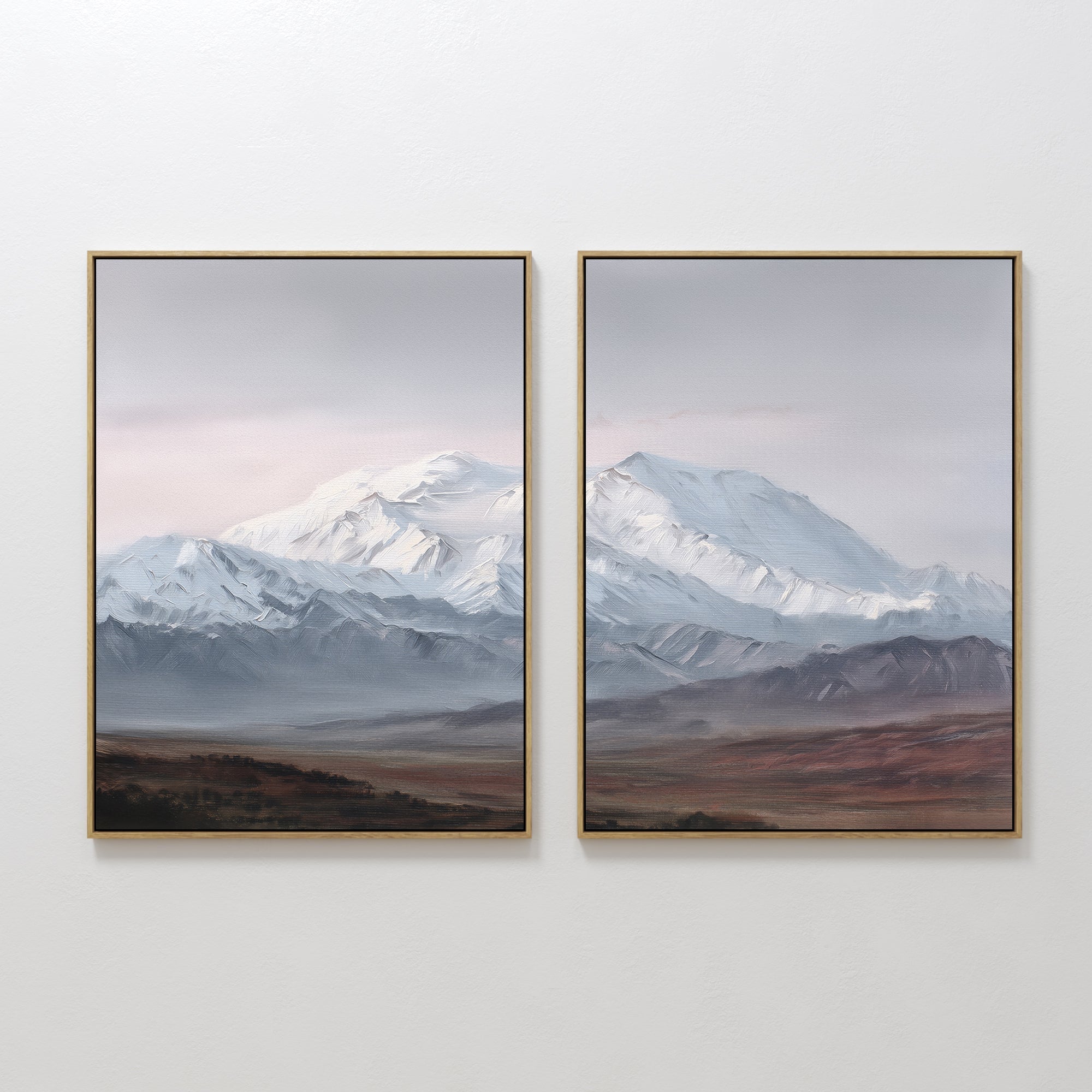 Original hand painted icy blue snow mountain oil painting canvas wall art diptych, nordic scandinavian elegant luxury modern living room home decor in