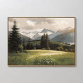 Hand painted original oil painting canvas wall art, green alpine meadow white wildflowers snowy mountains pine trees nordic scandinavian elegant luxur