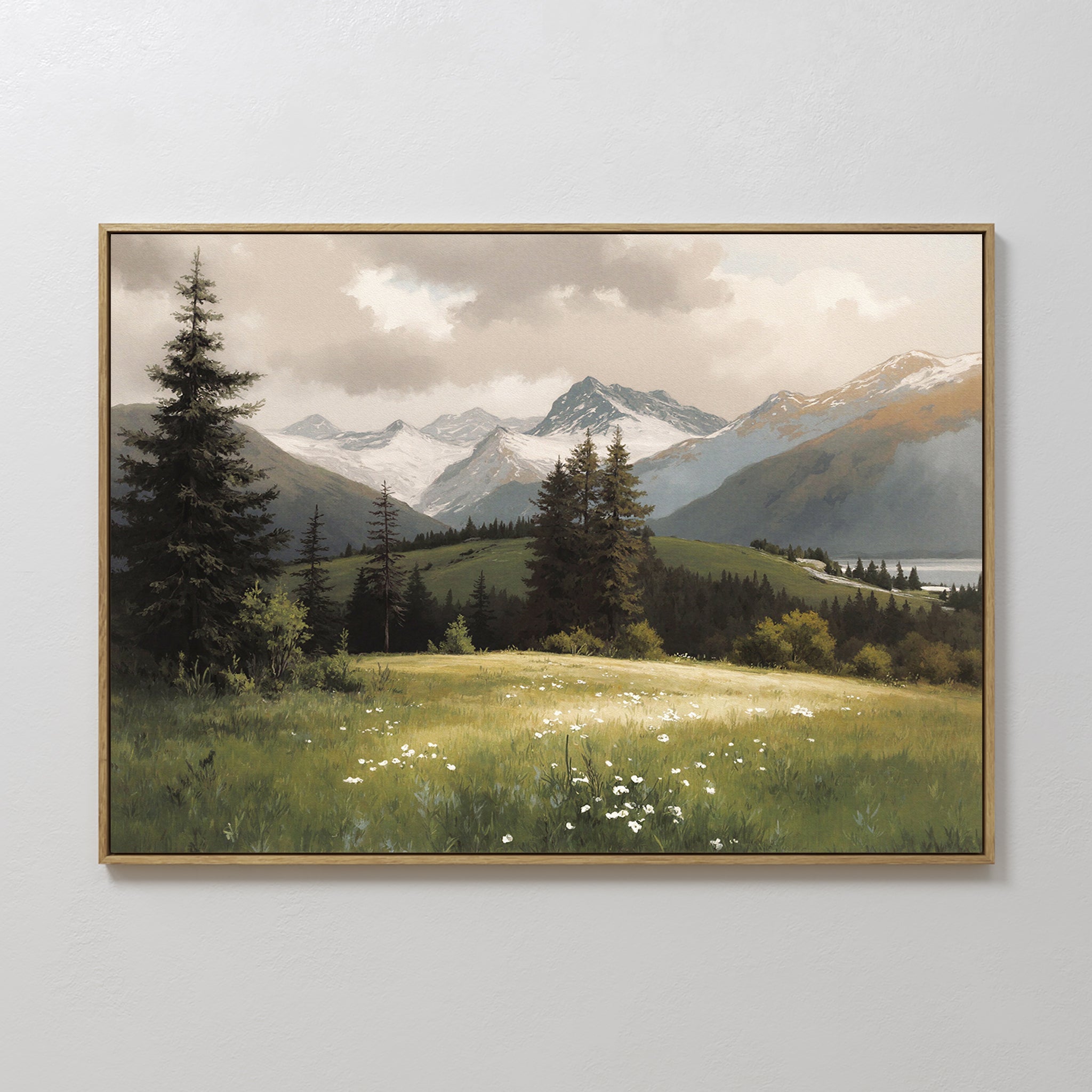 Hand painted original oil painting canvas wall art, green alpine meadow white wildflowers snowy mountains pine trees nordic scandinavian elegant luxur