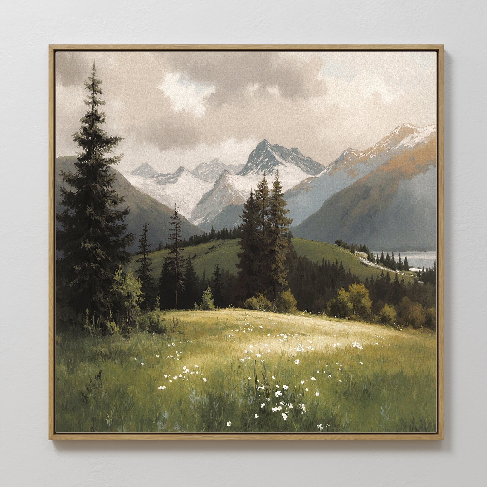 Hand painted original oil painting alpine mountain valley sage green wildflower meadow canvas wall art nordic scandinavian elegant luxury modern home