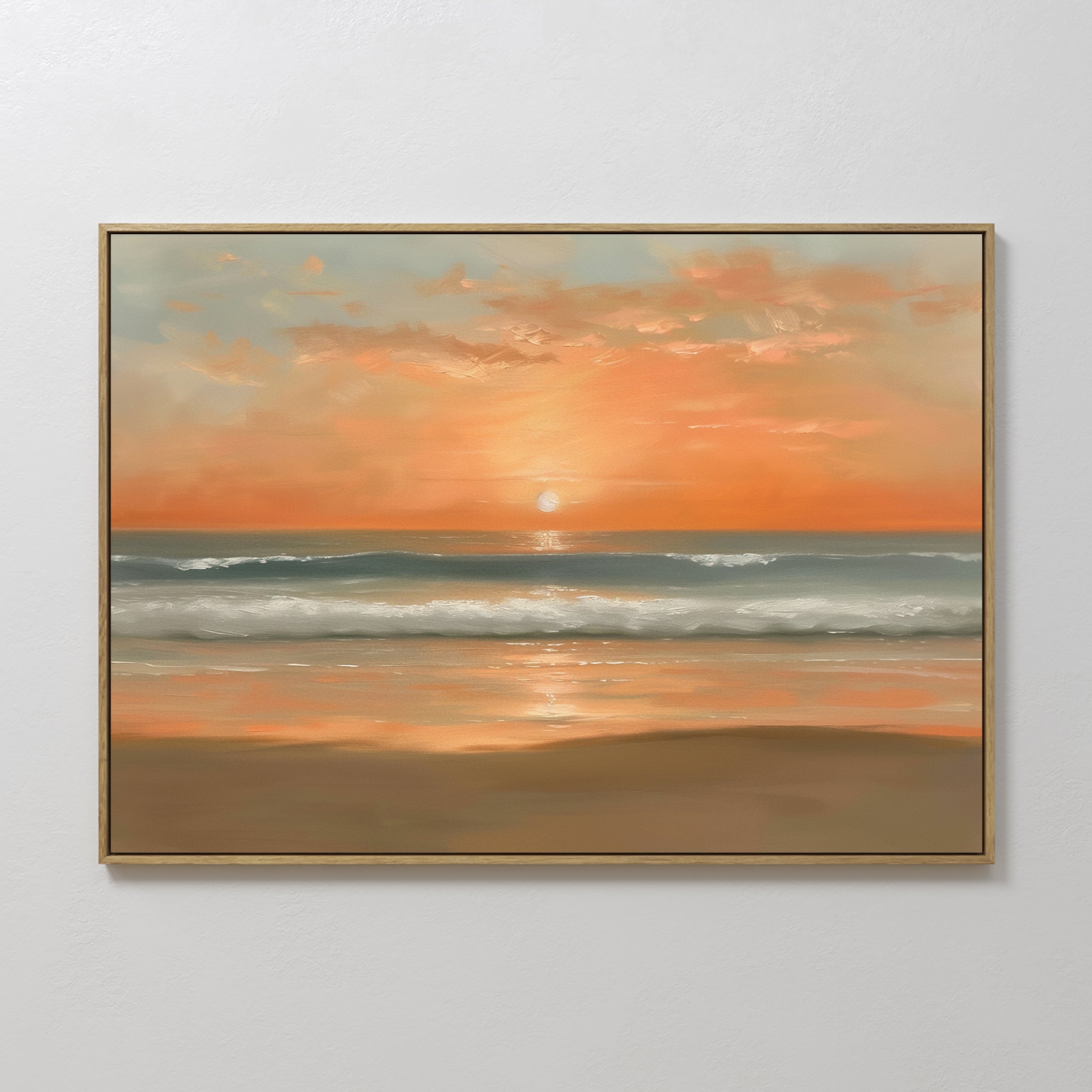 Original hand painted orange amber sunset beach ocean waves oil painting canvas wall art, elegant luxury modern coastal nordic scandinavian home decor