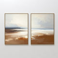 Original hand painted amber brown coastal landscape oil painting diptych canvas wall art, nordic scandinavian minimalist elegant luxury modern living