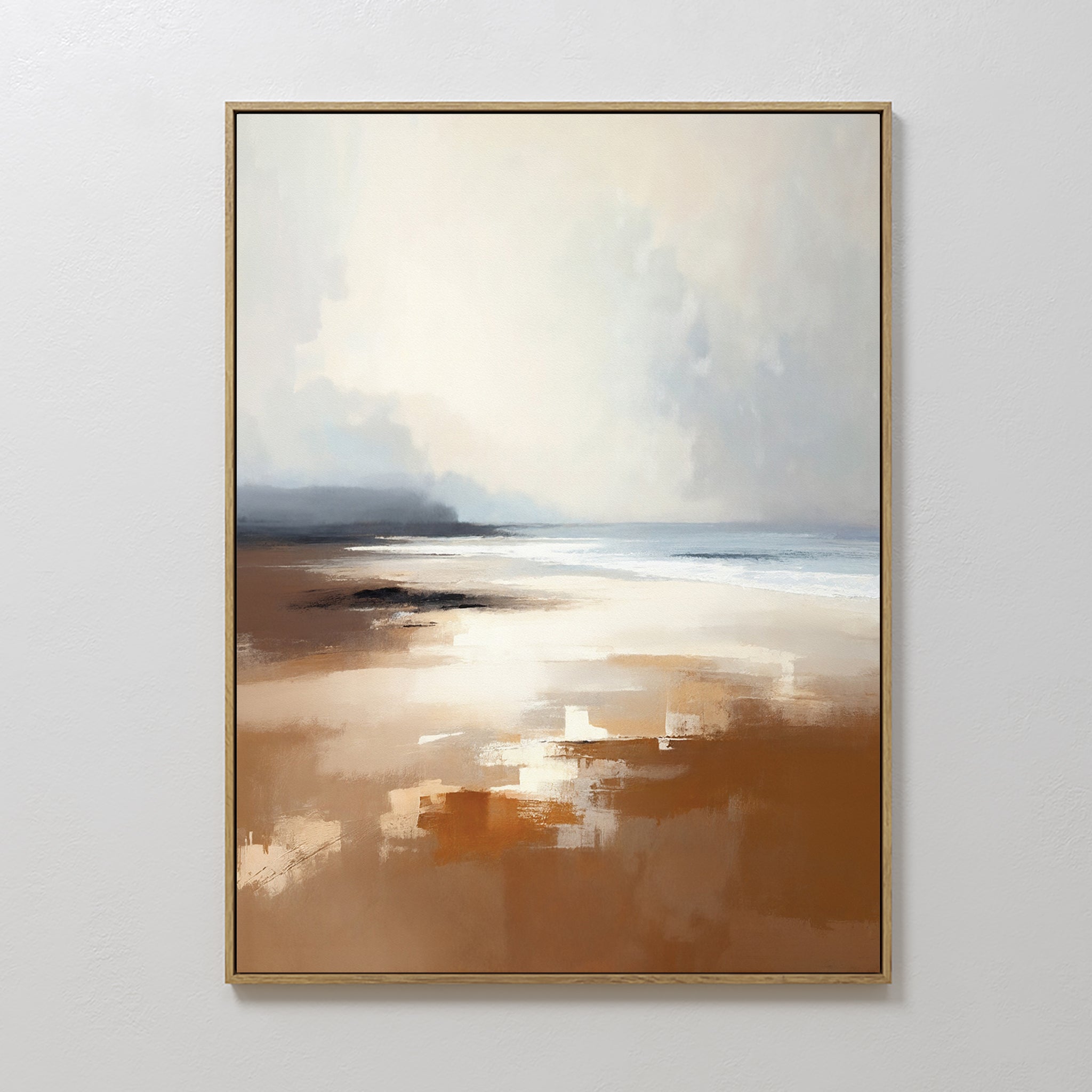 Original hand painted sienna brown coastal oil painting canvas wall art, soft ivory beach and slate blue sky, nordic scandinavian elegant luxury moder