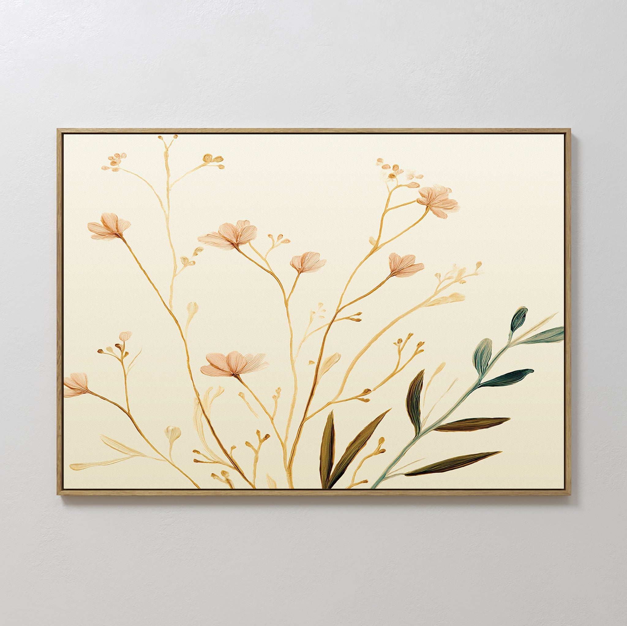 Hand painted original blush pink wildflower oil painting canvas wall art, golden stems green leaves ivory background nordic scandinavian elegant luxur