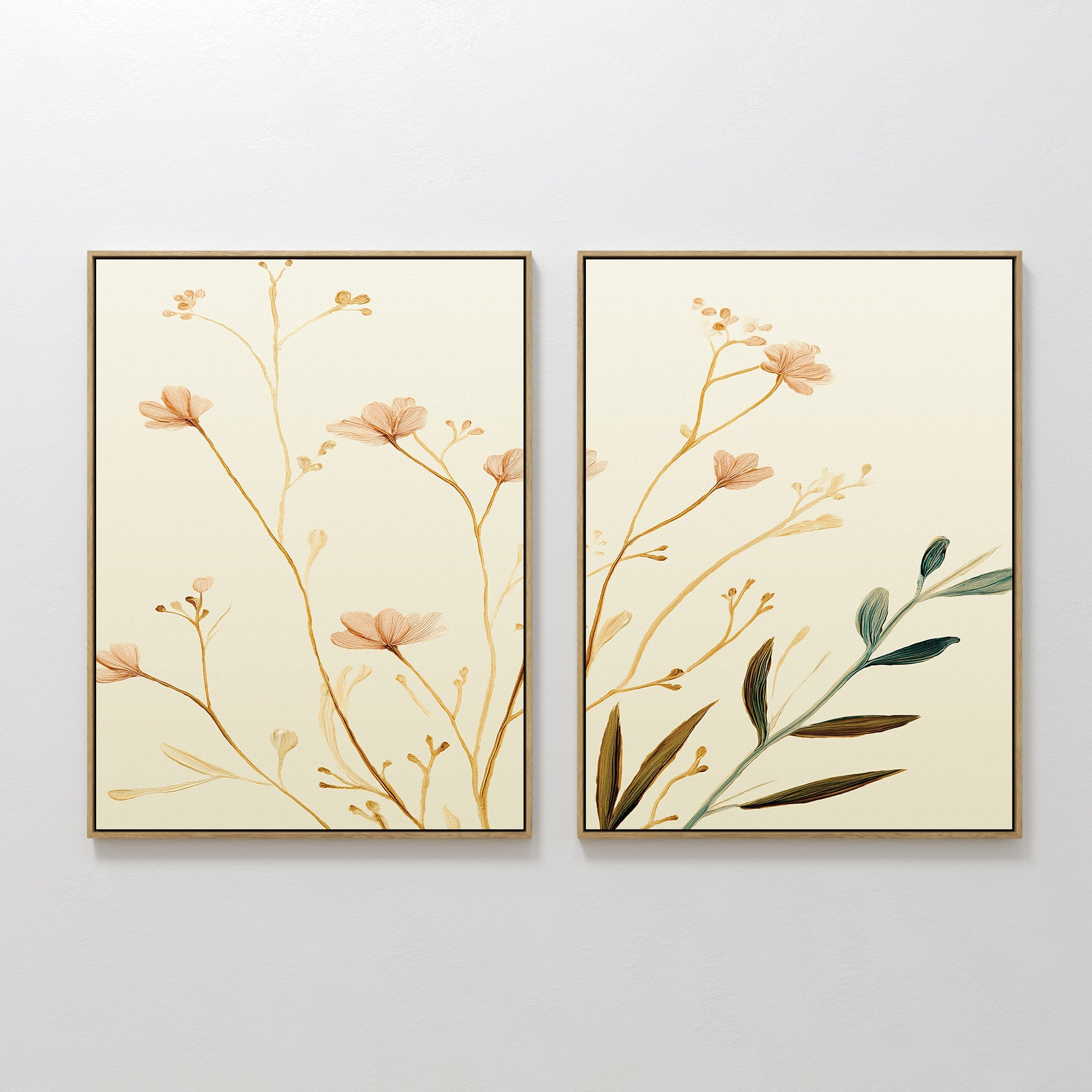 Original hand painted blush pink wildflower botanical oil painting canvas wall art set of 2, nordic scandinavian elegant luxury minimalist modern home