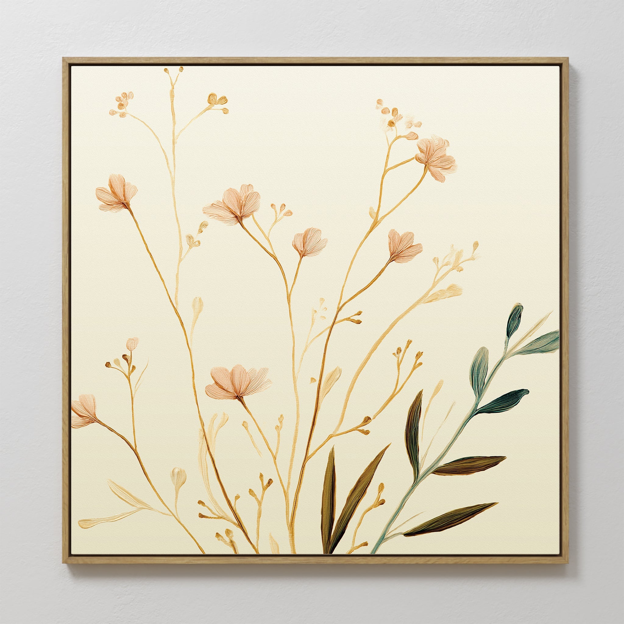 Original hand painted blush pink wildflower botanical oil painting canvas wall art, nordic scandinavian minimalist elegant luxury modern home decor in