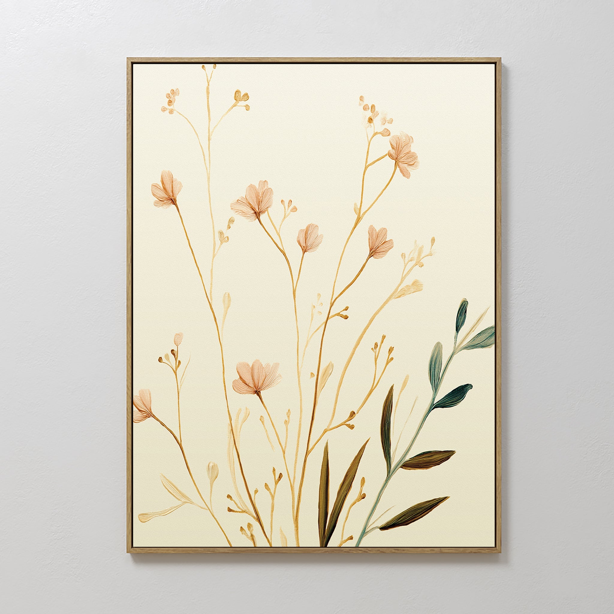 Hand painted original blush pink botanical wildflower oil painting canvas wall art, nordic scandinavian elegant minimalist luxury modern home decor in