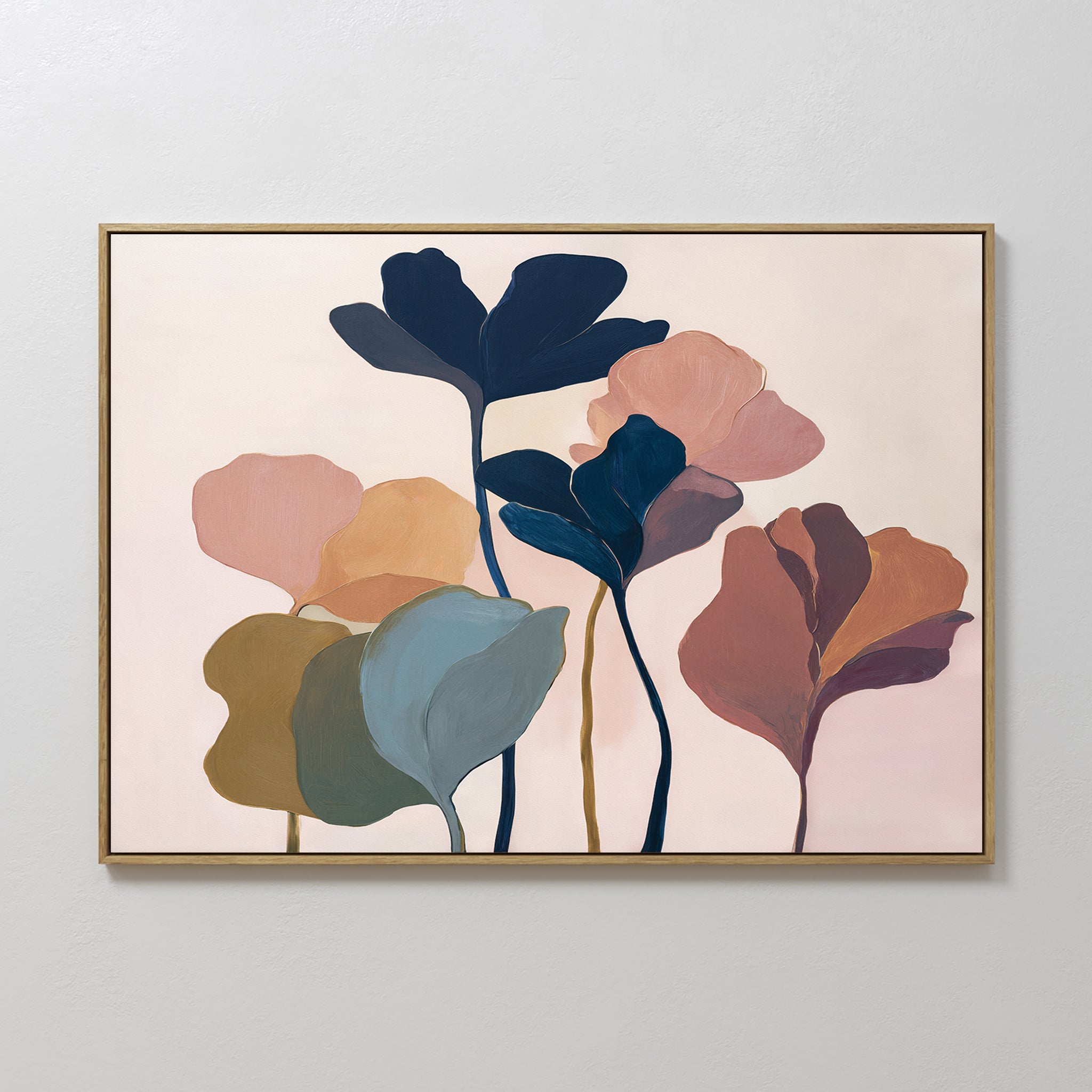 Original hand painted navy blush pink rust teal botanical oil painting canvas wall art, nordic scandinavian elegant luxury modern living room home dec