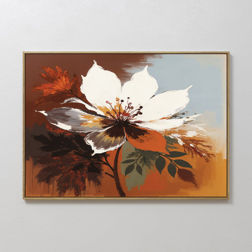 Original hand painted white flower amber rust botanical abstract oil painting canvas wall art, nordic scandinavian elegant luxury modern living room h