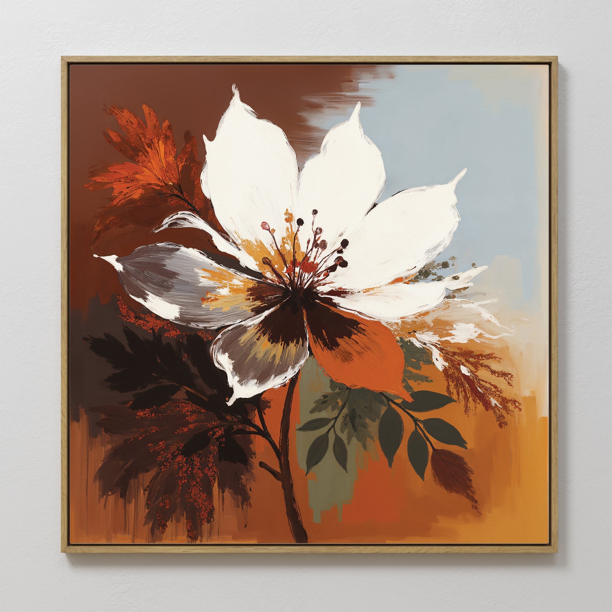 Hand painted original white floral oil painting canvas wall art, warm sienna burnt orange botanical nordic scandinavian elegant luxury modern home dec