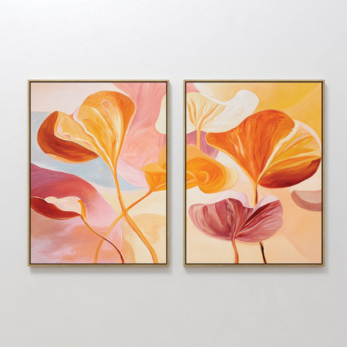 Hand painted original orange amber botanical oil painting canvas wall art set of 2, nordic scandinavian elegant luxury modern living room home decor i