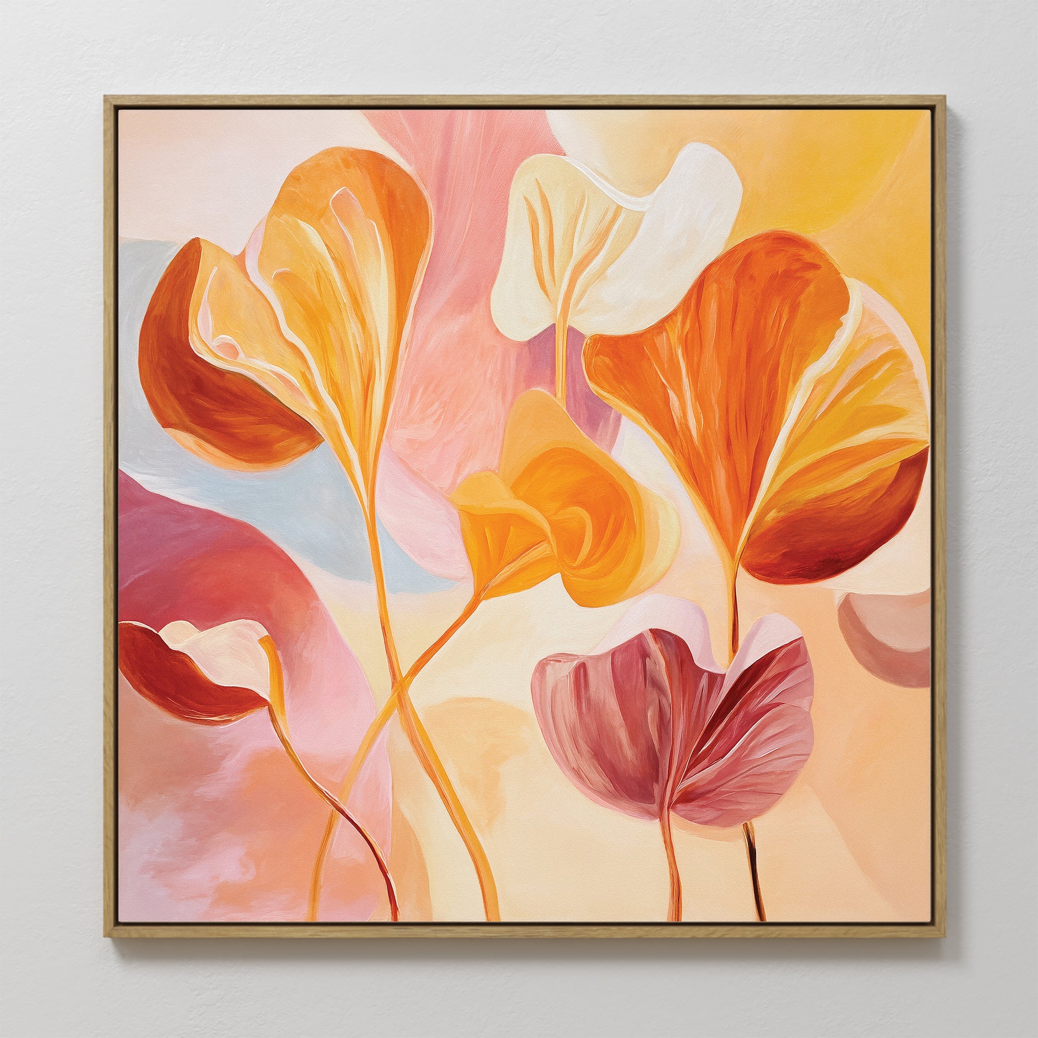 Hand painted original oil painting canvas wall art, bold amber orange burnt sienna botanical leaves, warm pink background, elegant luxury modern nordi