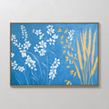 Original hand painted blue botanical oil painting canvas wall art, white flowers golden wheat stems, nordic scandinavian elegant luxury modern home de