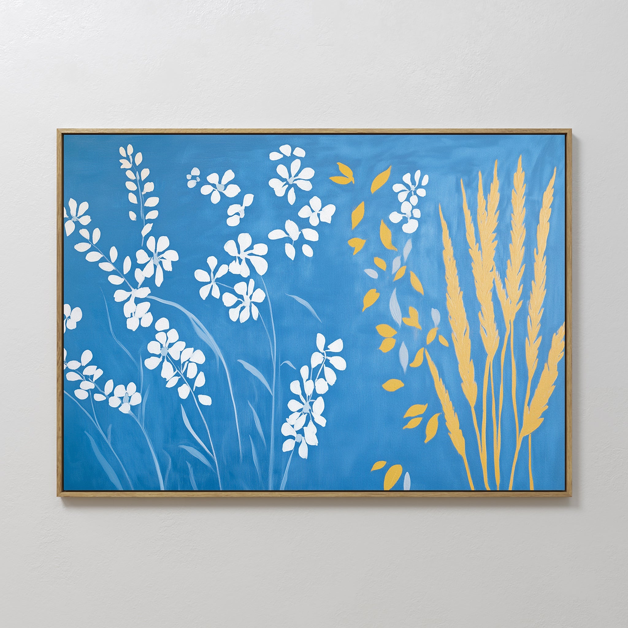 Original hand painted blue botanical oil painting canvas wall art, white flowers golden wheat stems, nordic scandinavian elegant luxury modern home de