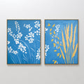 Original hand painted blue botanical oil painting canvas wall art set, white wildflowers golden wheat stems, nordic scandinavian elegant luxury modern
