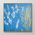 Original hand painted blue botanical oil painting canvas wall art with white wildflowers and golden wheat stems, nordic scandinavian elegant luxury mo