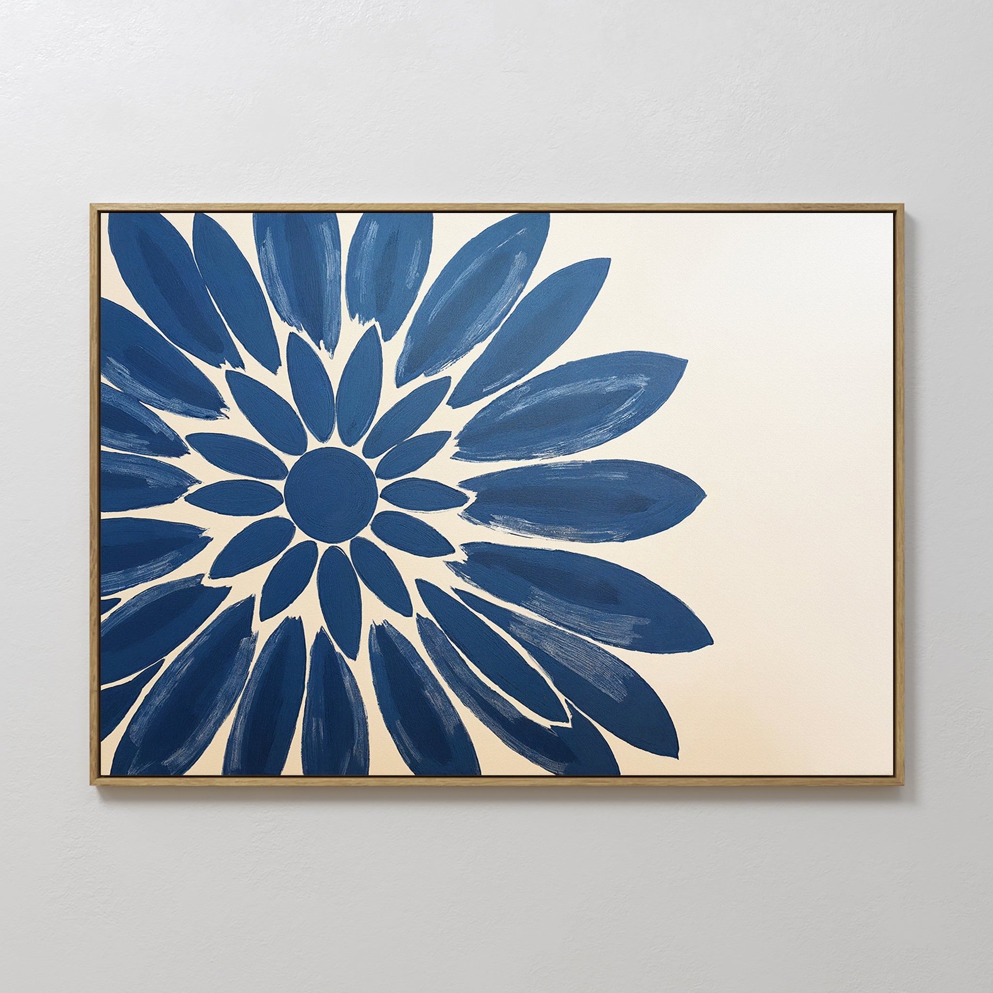 Original hand painted navy blue abstract floral oil painting canvas wall art, bold botanical petals ivory background nordic scandinavian elegant luxur