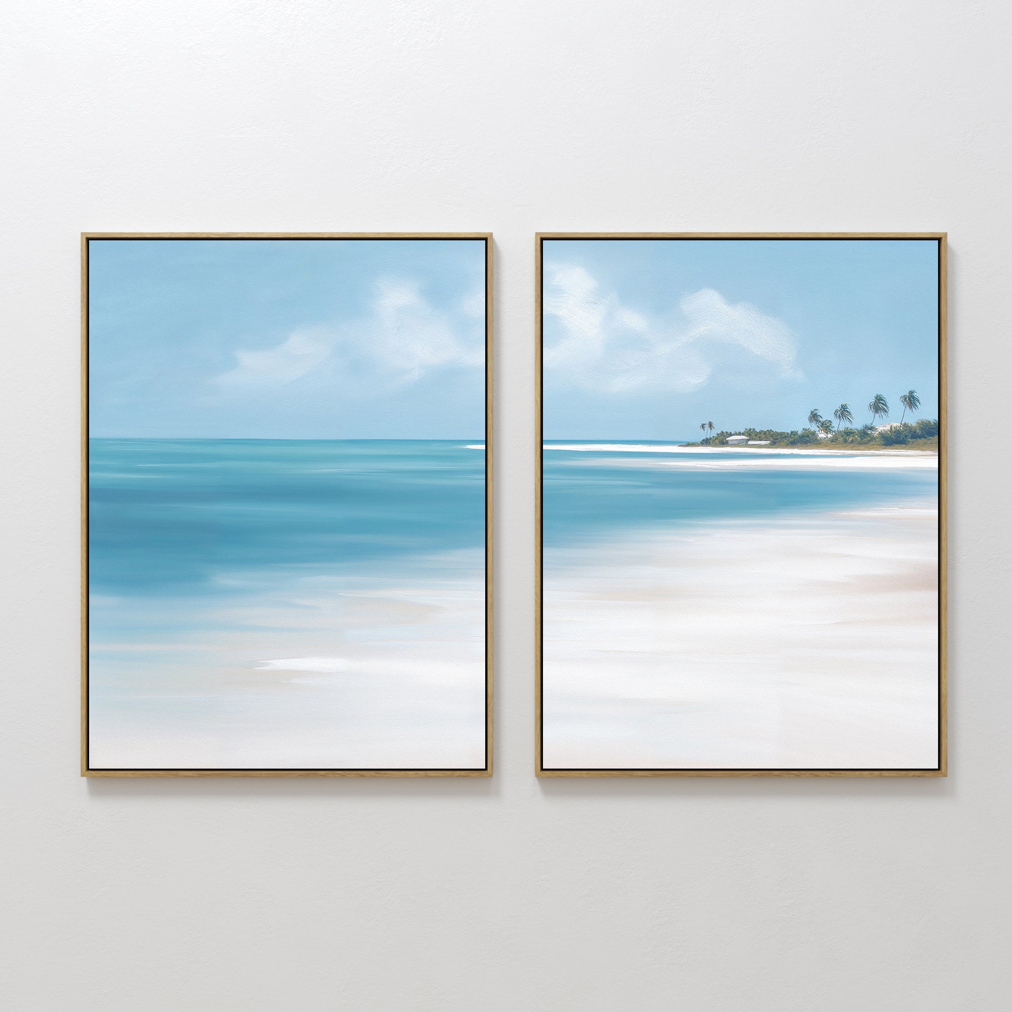 Original hand painted teal blue coastal beach diptych oil painting canvas wall art, nordic scandinavian elegant luxury modern living room home decor i