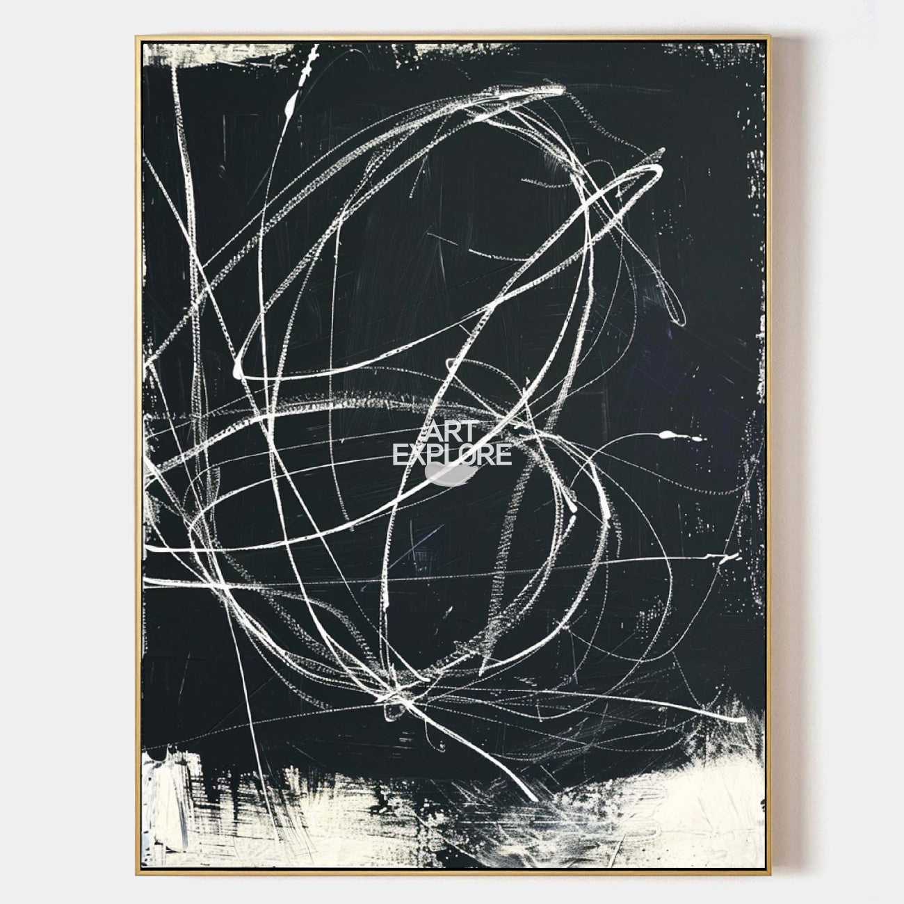 Original hand painted black white swirl abstract oil painting canvas wall art, nordic scandinavian elegant luxury modern living room ho