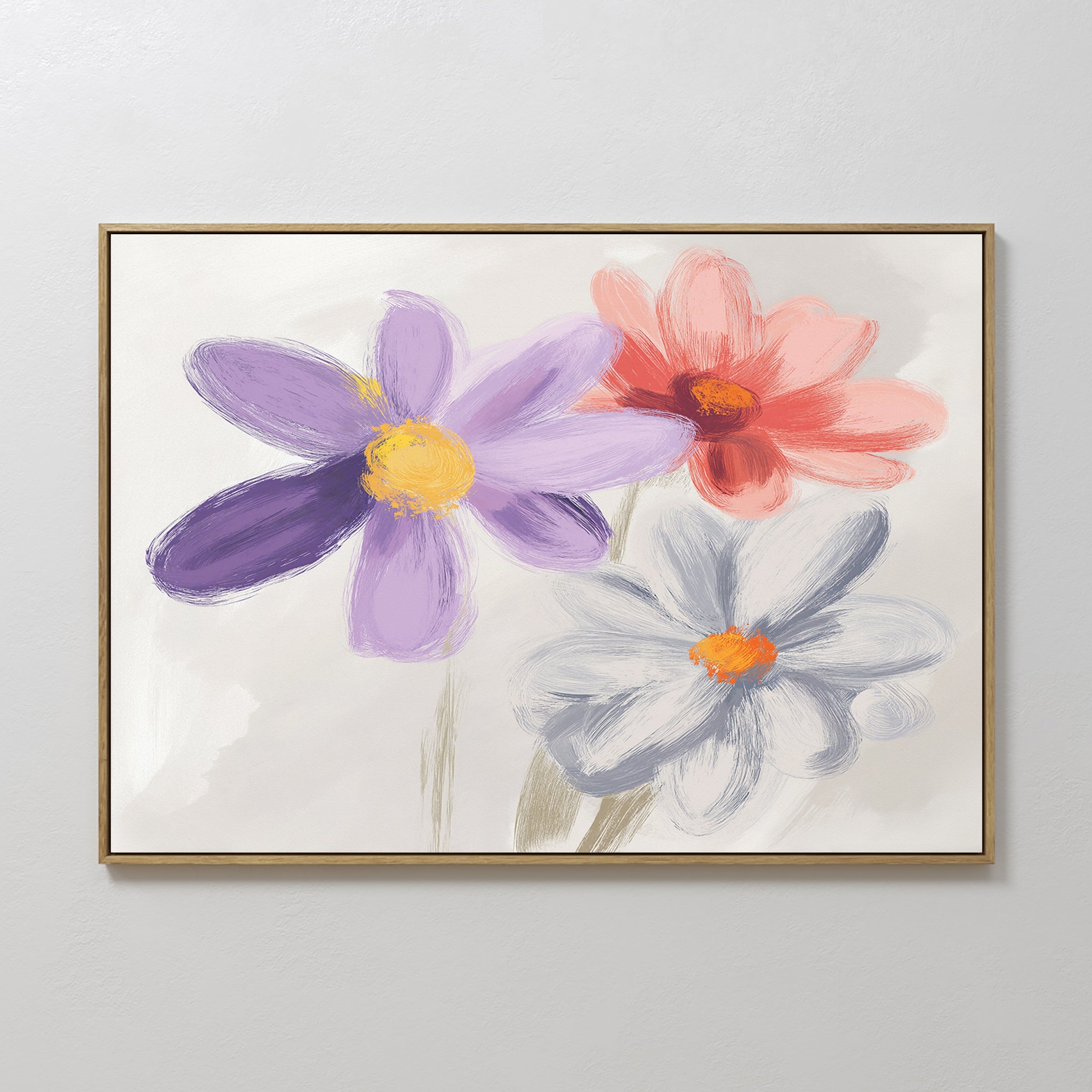 Original hand painted purple blush pink grey daisy floral oil painting canvas wall art, nordic scandinavian elegant luxury modern living room home dec