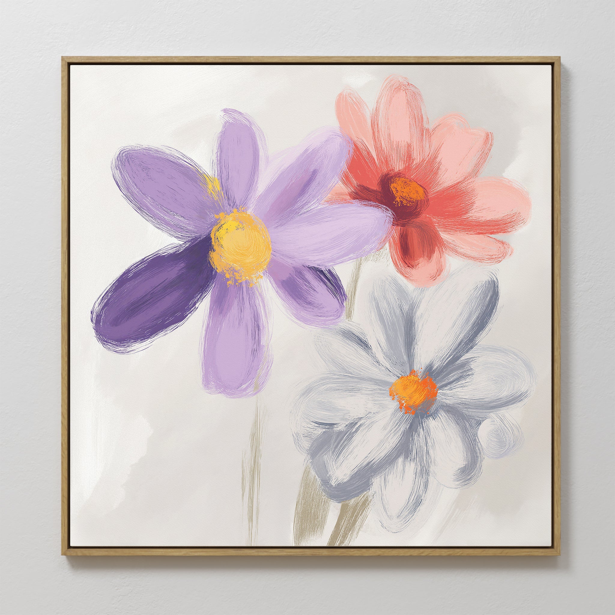 Hand painted original oil painting three daisy flowers purple coral grey canvas wall art nordic scandinavian elegant luxury modern home decor interior