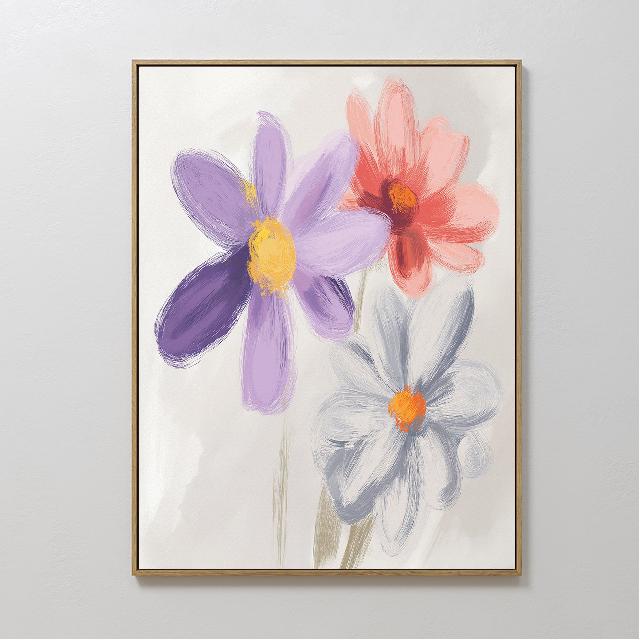 Hand painted original oil painting purple coral grey daisy flowers canvas wall art nordic scandinavian elegant luxury modern home decor interior desig