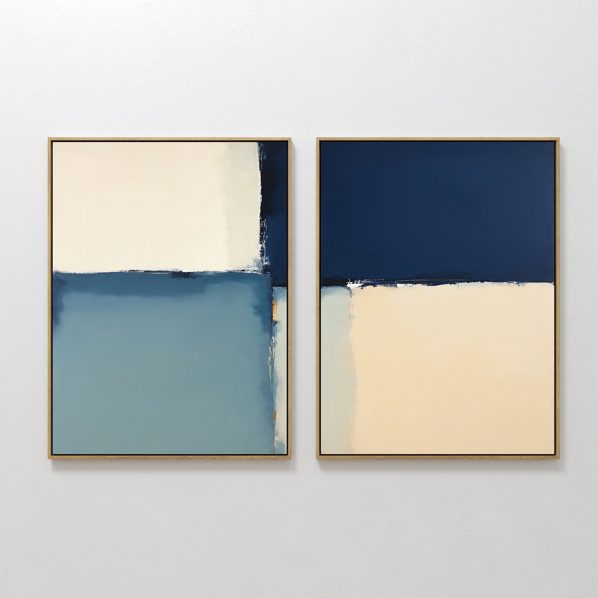 Hand painted original navy blue cream abstract geometric oil painting canvas set of 2, nordic scandinavian elegant luxury minimalist modern living roo