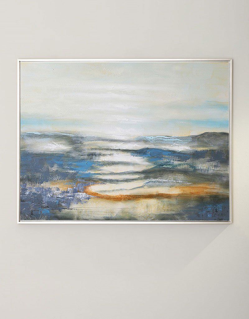 Original hand painted blue grey abstract coastal oil painting canvas wall art, nordic scandinavian elegant luxury modern living room ho