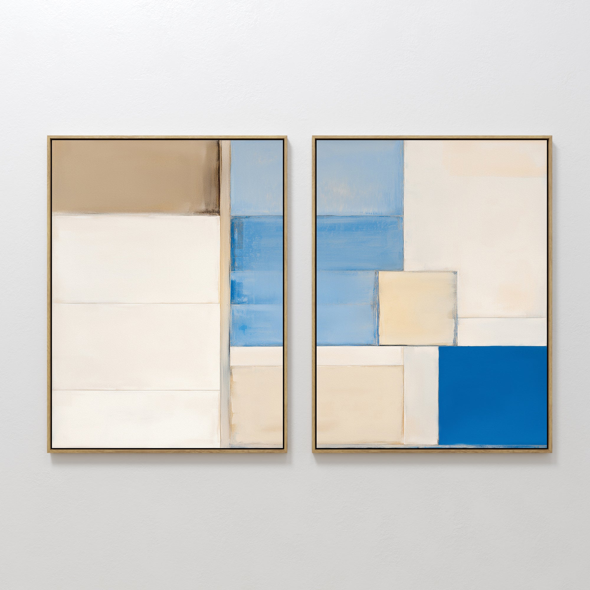 Original hand painted blue cream geometric abstract oil painting diptych canvas wall art, nordic scandinavian elegant luxury modern living room home d
