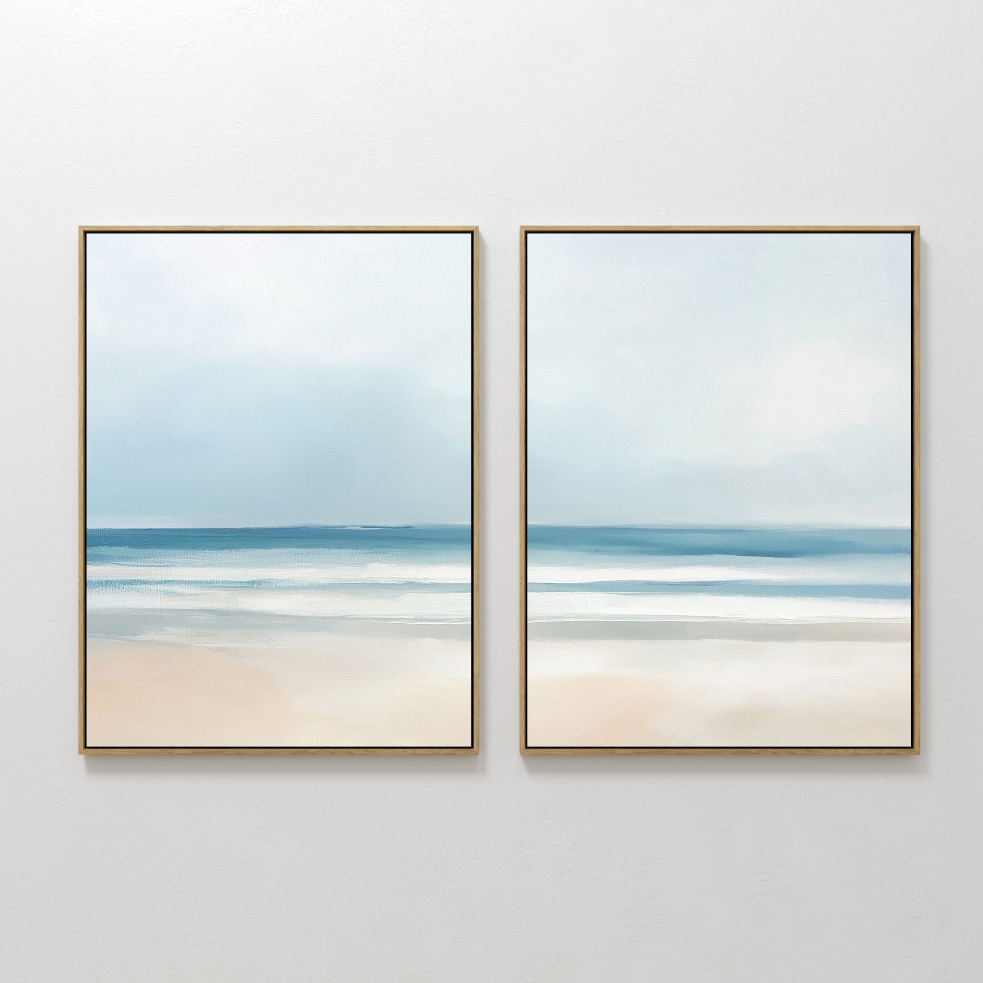Original hand painted blue beige coastal ocean oil painting canvas wall art set of 2, nordic scandinavian minimalist elegant luxury modern living room