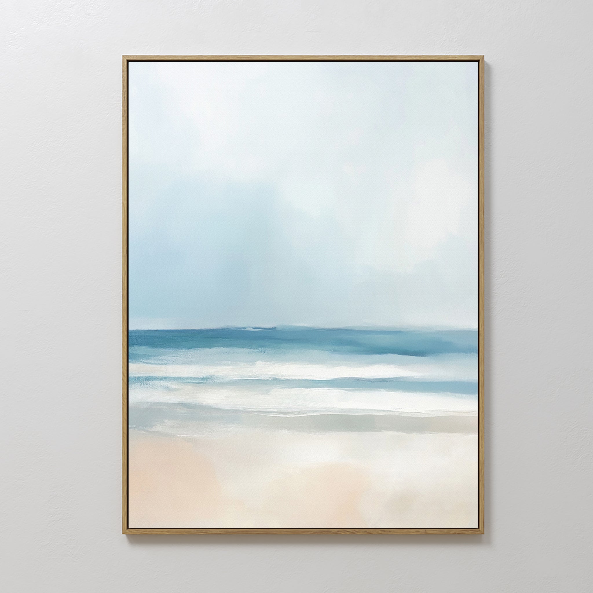 Original hand painted misty coastal ocean oil painting canvas wall art, soft teal blue sandy beige, nordic scandinavian elegant luxury modern home dec