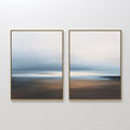 Original hand painted misty blue grey brown coastal abstract oil painting diptych canvas wall art, nordic scandinavian elegant luxury modern living ro