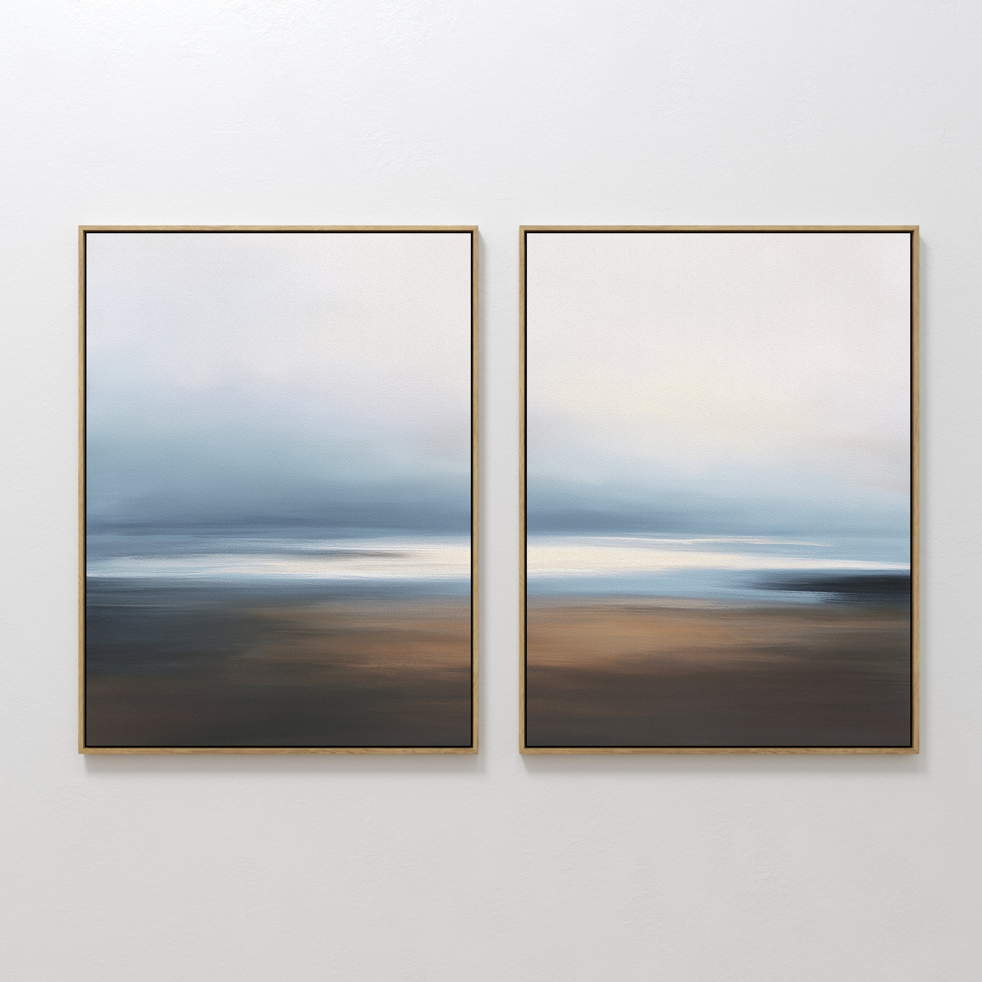 Original hand painted misty blue grey brown coastal abstract oil painting diptych canvas wall art, nordic scandinavian elegant luxury modern living ro