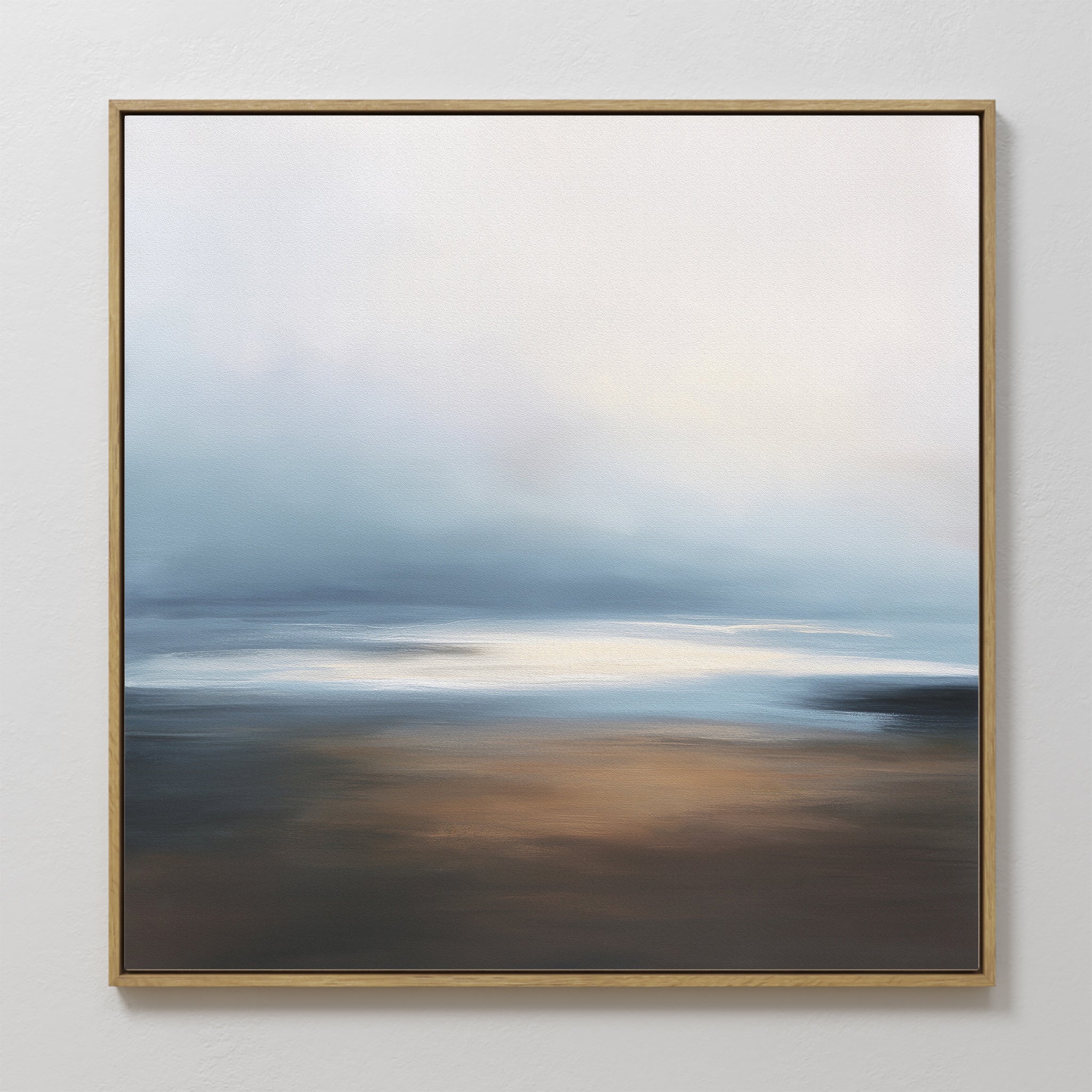 Original hand painted misty blue brown coastal abstract oil painting canvas wall art, nordic scandinavian elegant luxury modern living room home decor
