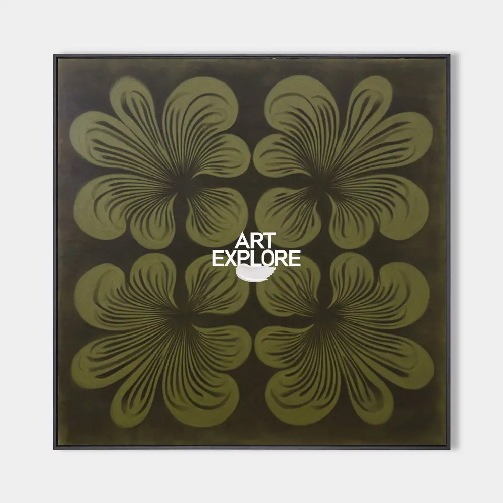 Original hand painted olive green geometric floral abstract oil painting canvas wall art, modern scandinavian elegant luxury living roo