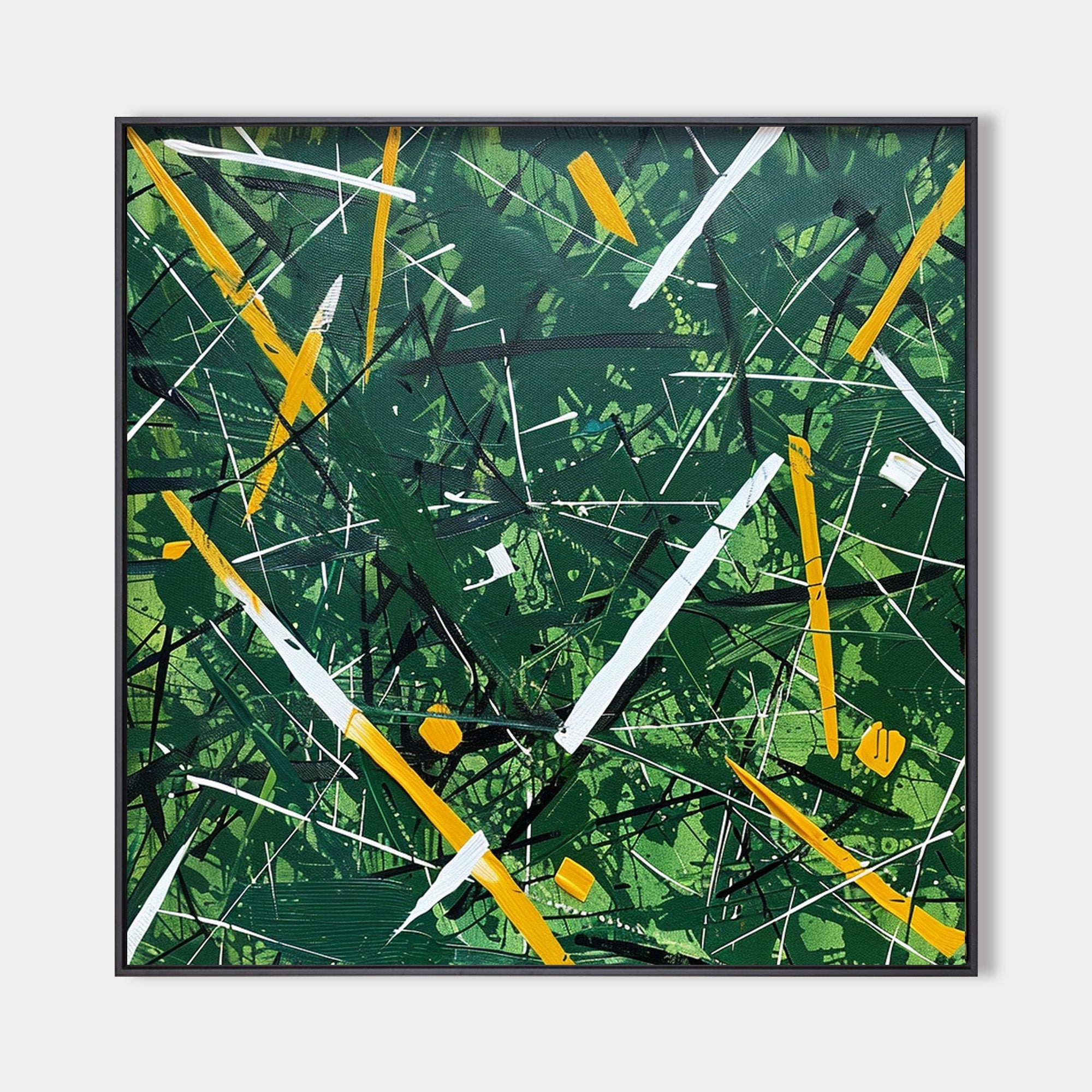 Original hand painted emerald green abstract oil painting canvas wall art, bold golden yellow white brushstrokes, luxury modern elegant