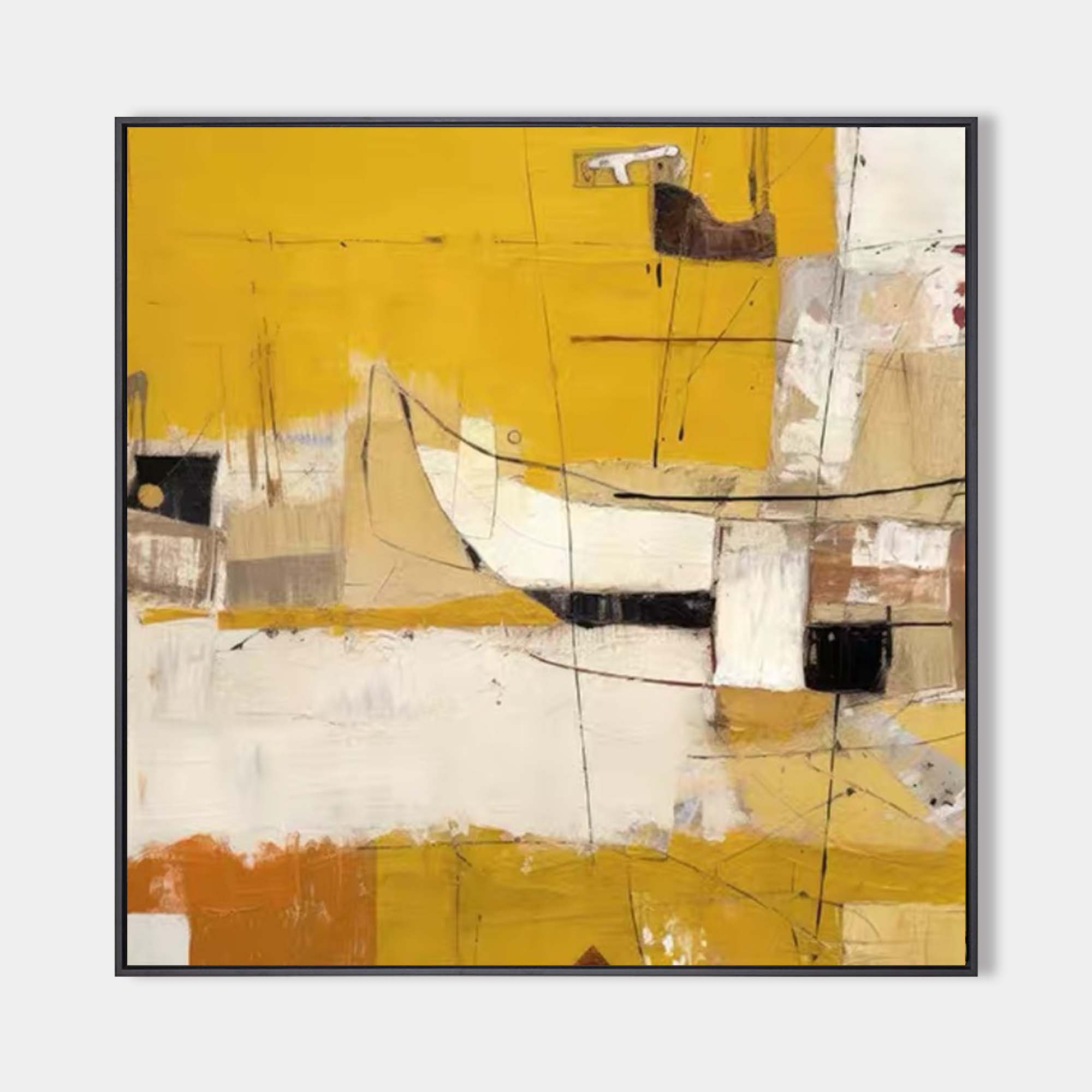 Original hand painted golden yellow abstract oil painting canvas wall art, modern scandinavian elegant luxury geometric home decor inte