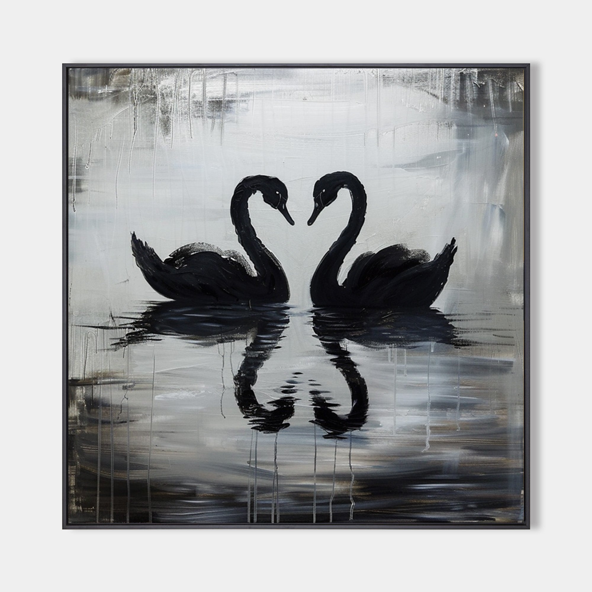 Original hand painted black swan silhouette monochrome oil painting canvas wall art, nordic scandinavian elegant luxury modern living r