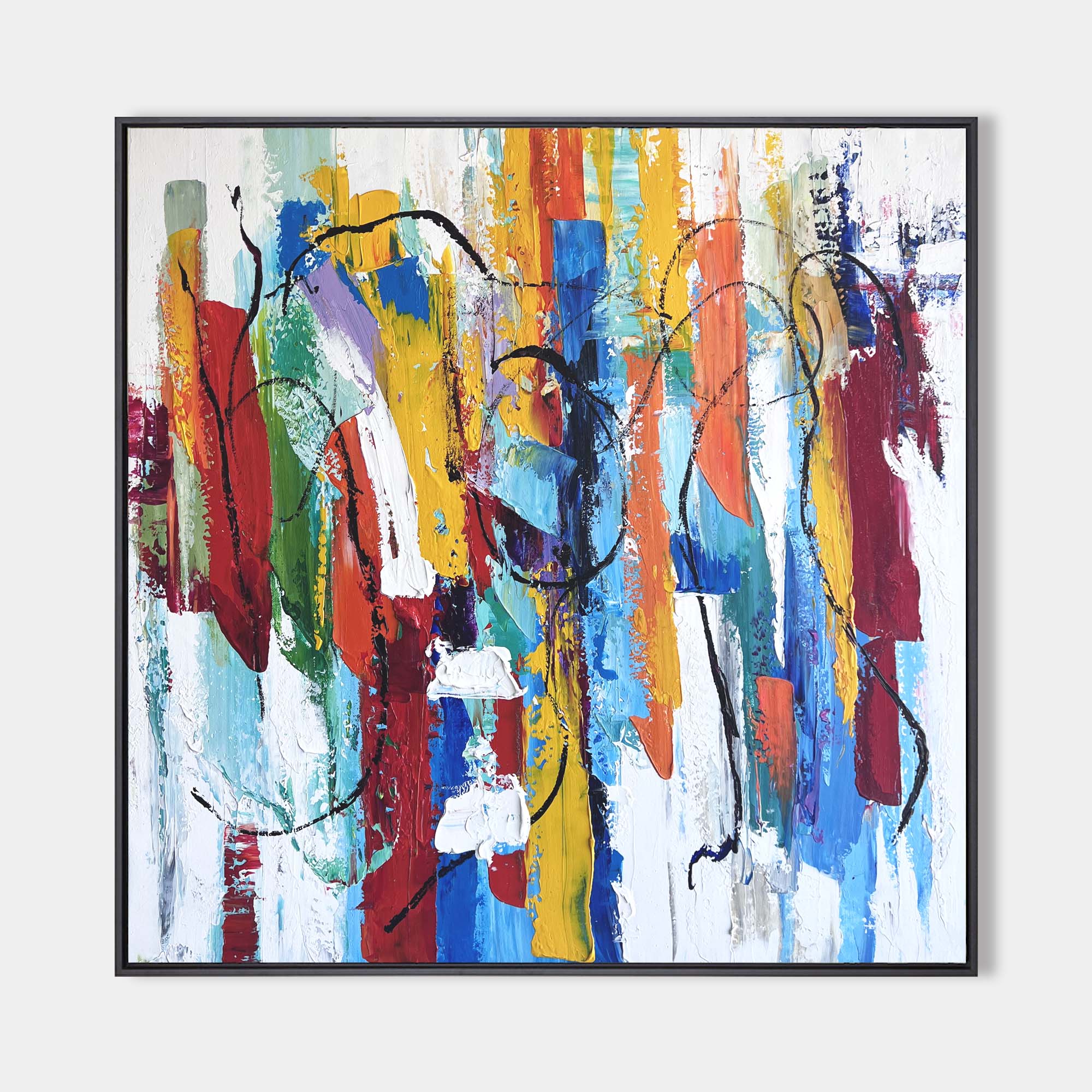 Original hand painted colorful abstract oil painting canvas, bold red blue yellow orange brushstrokes, modern elegant luxury wall art h
