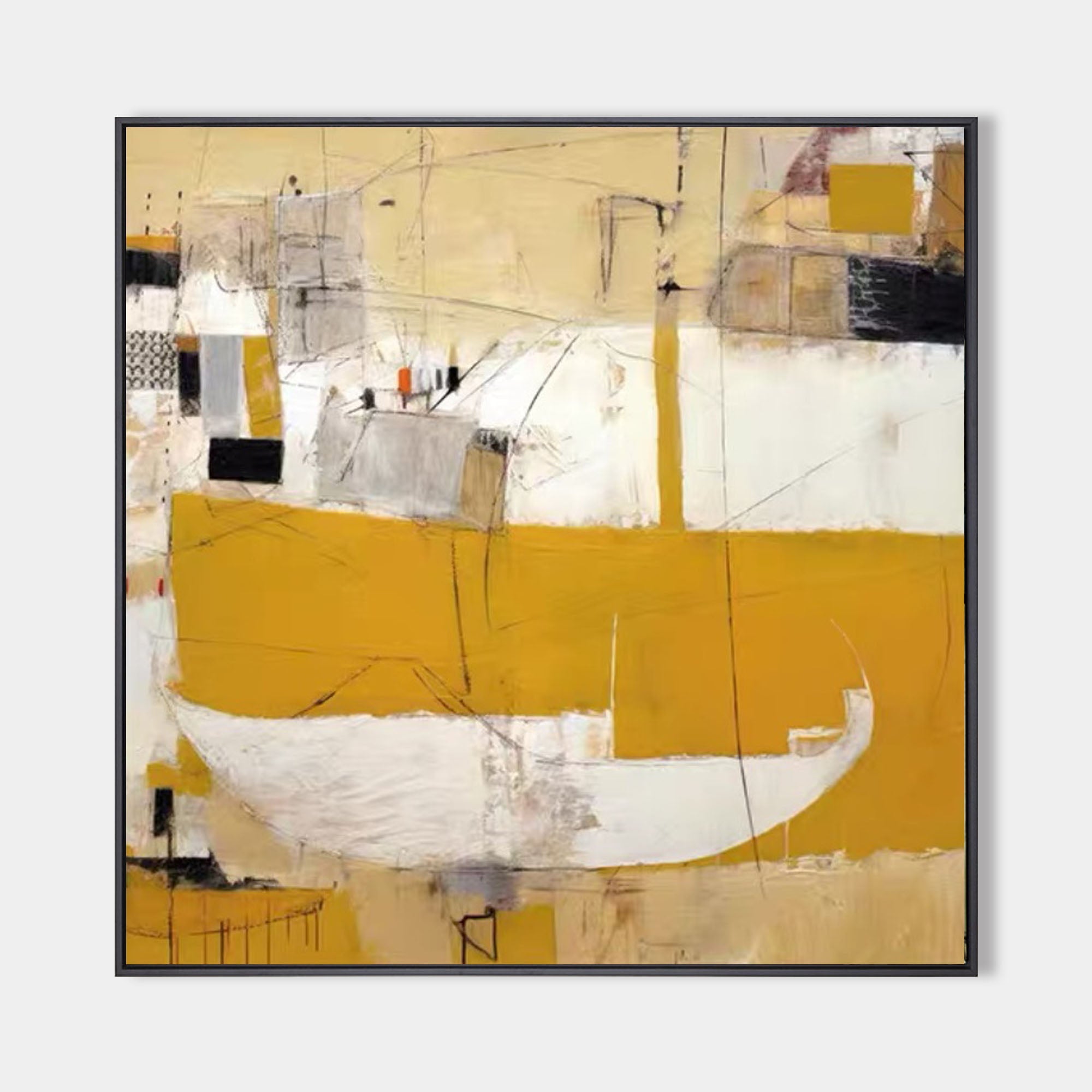 Original hand painted ochre yellow abstract oil painting canvas wall art, modern scandinavian elegant luxury living room interior desig