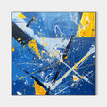 Original hand painted cobalt blue abstract oil painting canvas wall art, bold yellow black splatter strokes, elegant luxury modern nord