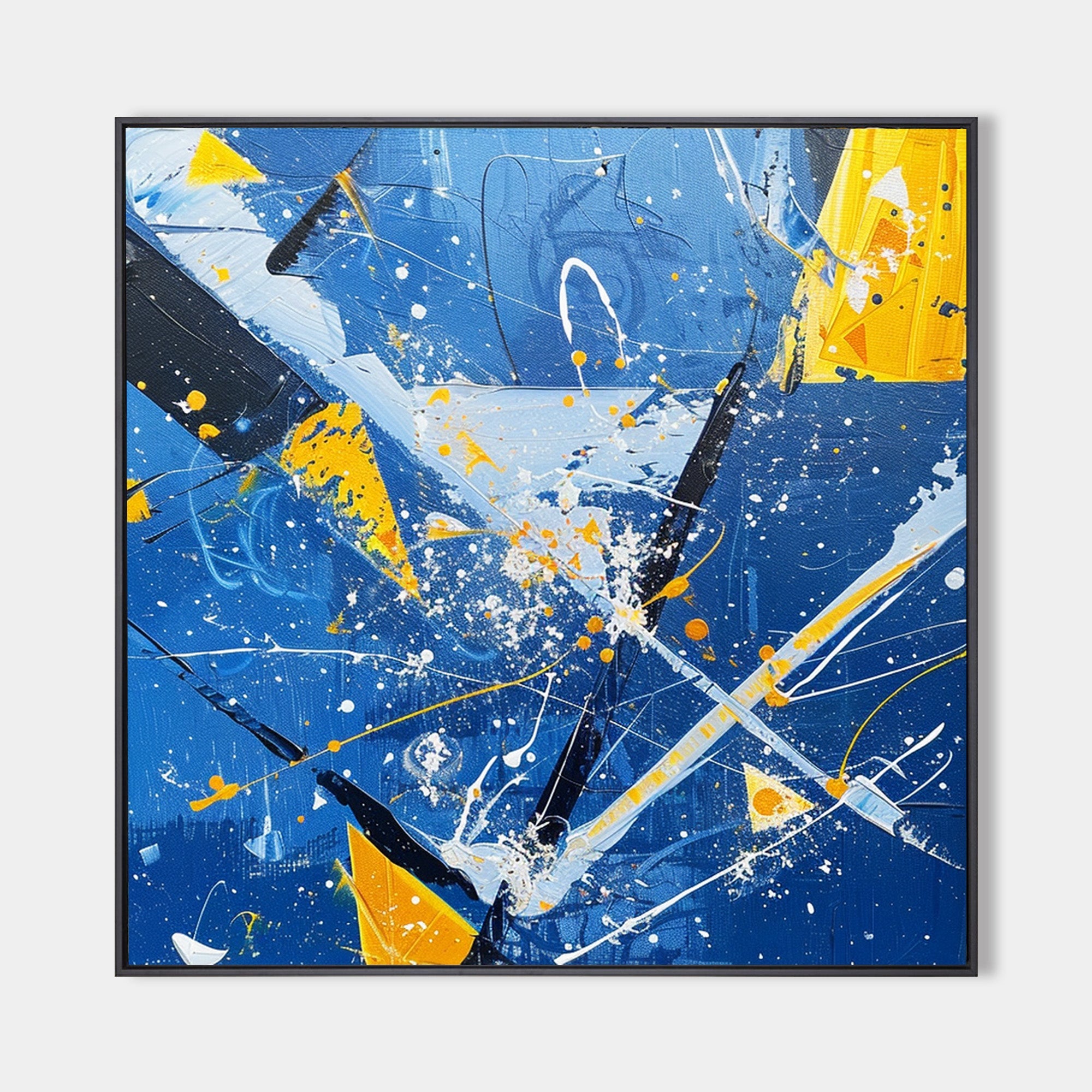 Original hand painted cobalt blue abstract oil painting canvas wall art, bold yellow black splatter strokes, elegant luxury modern nord