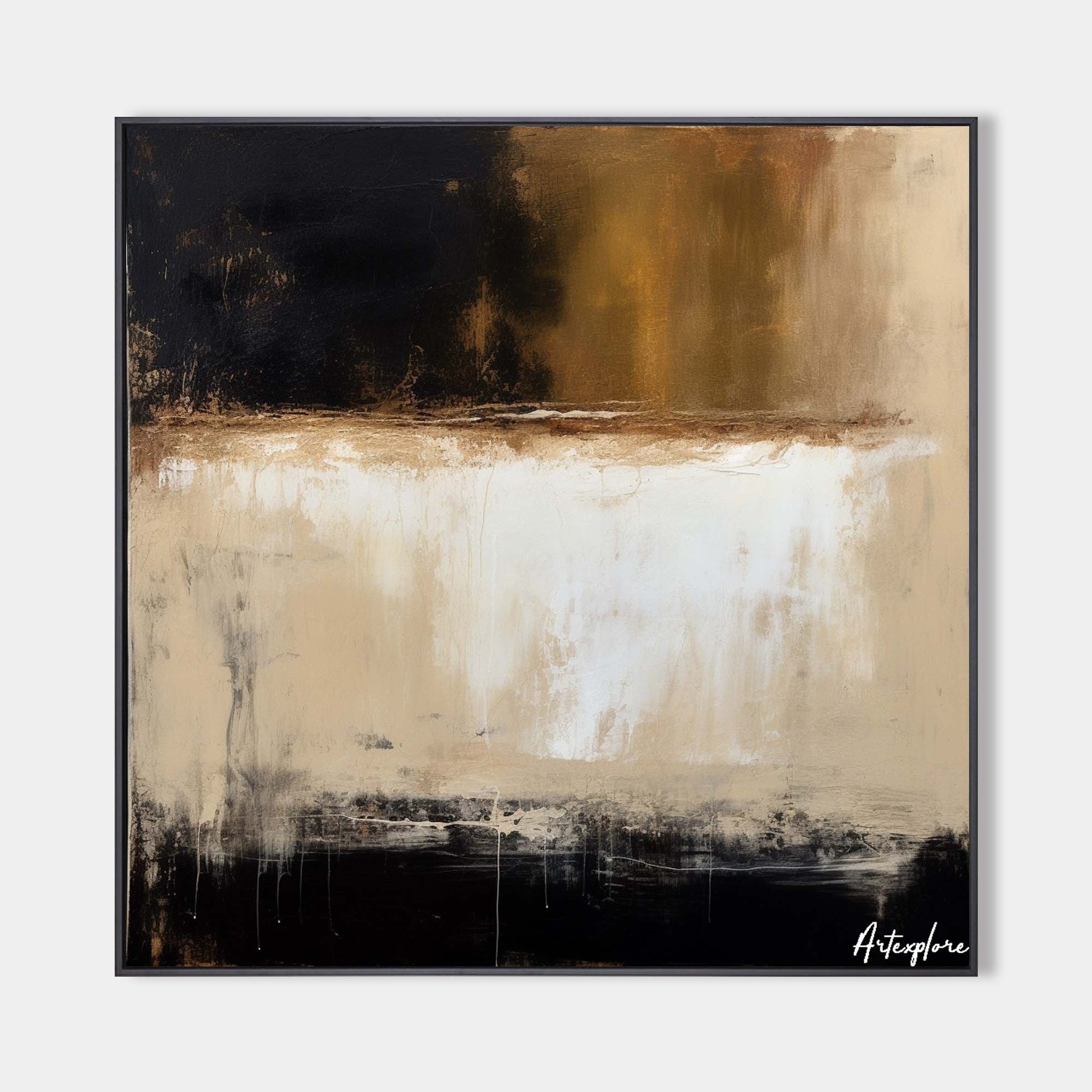 Original hand painted black gold ivory abstract oil painting canvas wall art, nordic scandinavian elegant luxury minimalist modern livi