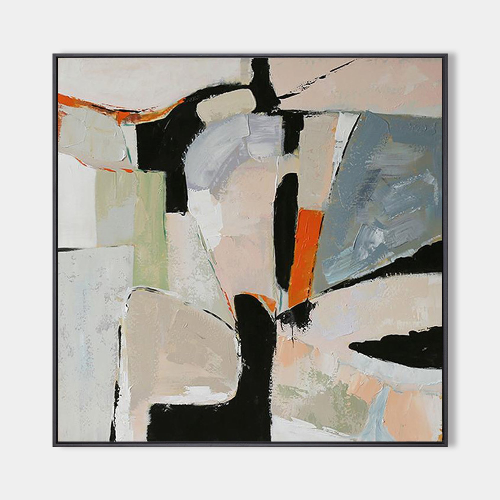 Original hand painted abstract oil painting canvas, black geometric forms orange accents blush grey tones, elegant luxury modern nordic