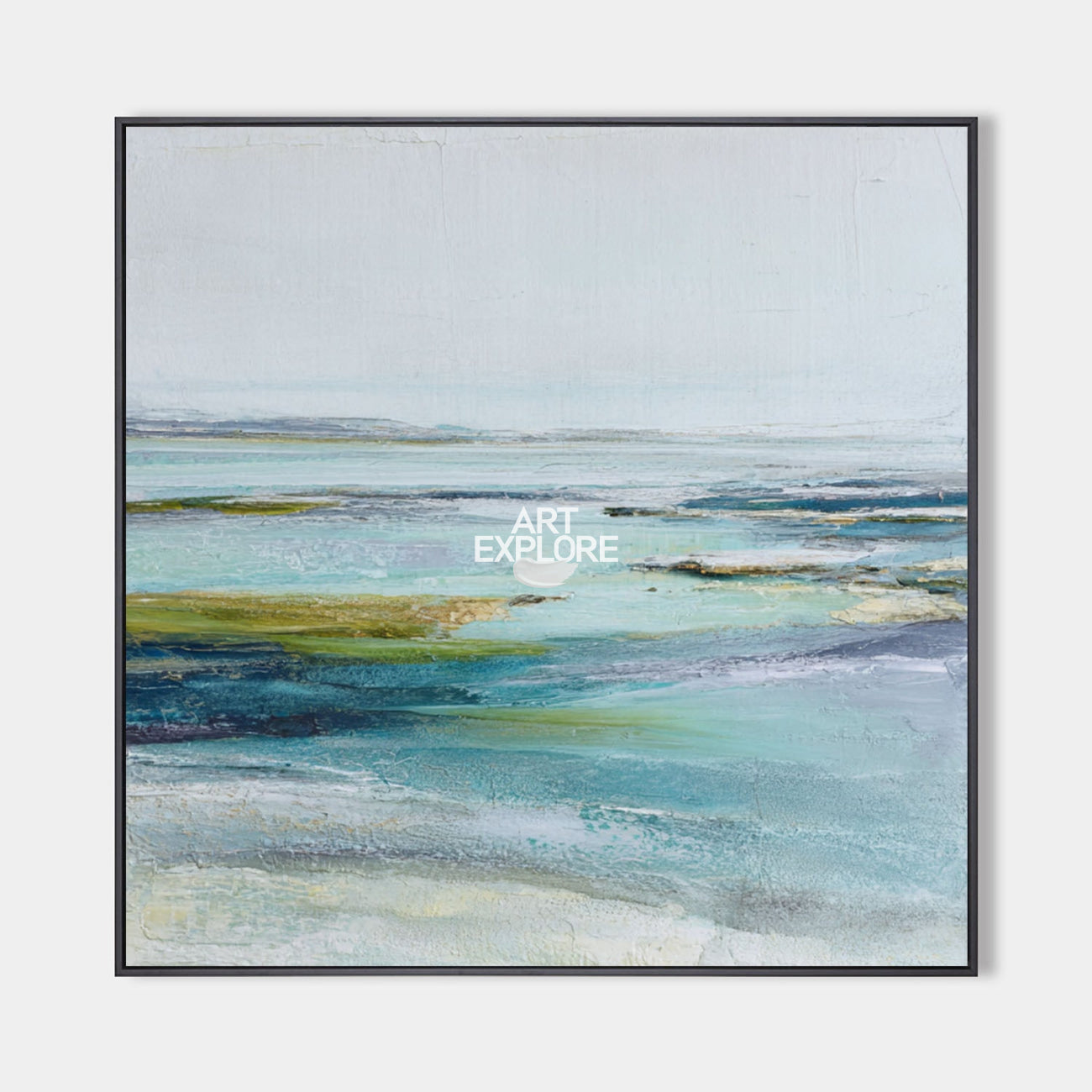 Original hand painted teal aqua coastal abstract oil painting canvas wall art, nordic scandinavian elegant luxury modern living room ho