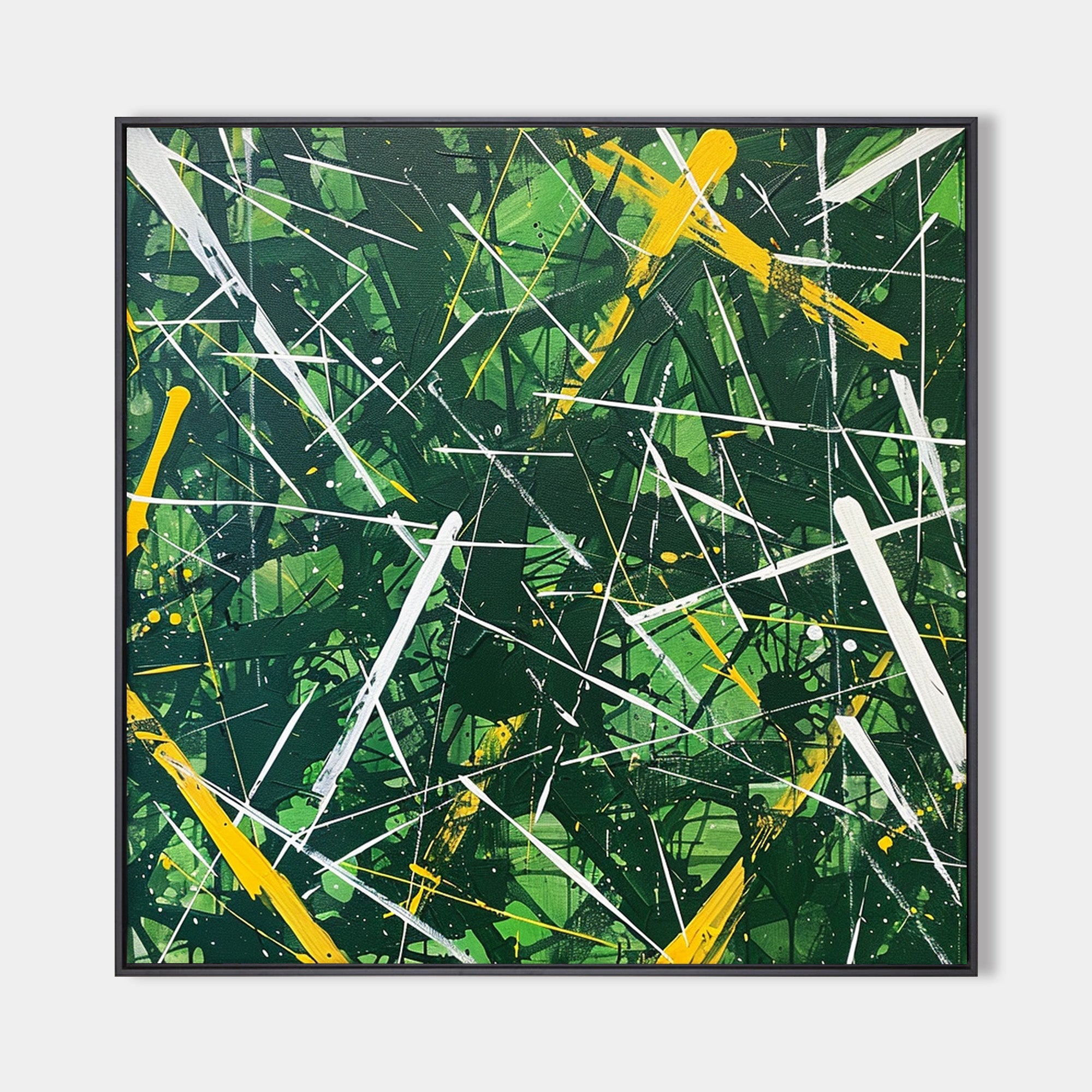 Original hand painted emerald green yellow white gestural abstract oil painting canvas wall art, modern luxury elegant nordic scandinav
