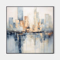 Original hand painted abstract city skyline oil painting canvas wall art, blue ivory gold, scandinavian elegant luxury modern living ro