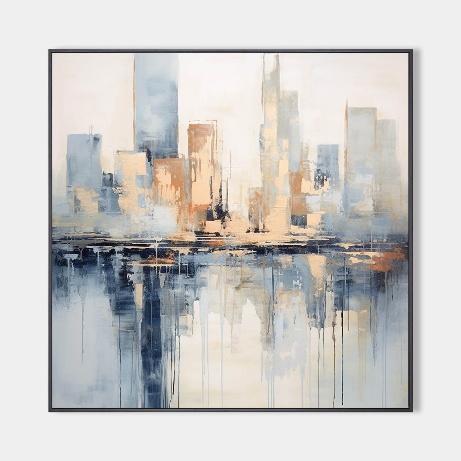 Original hand painted abstract city skyline oil painting canvas wall art, blue ivory gold, scandinavian elegant luxury modern living ro